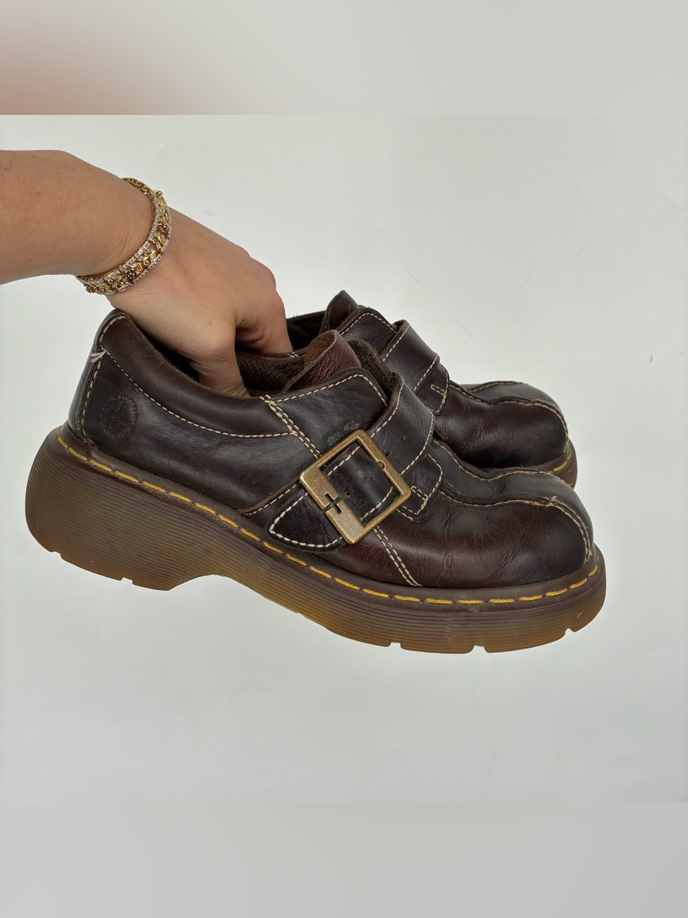Dr Doc Martens Shoes Womens 8 Monk Strap Oxford Chunky Y2K Brown Leather Wedge